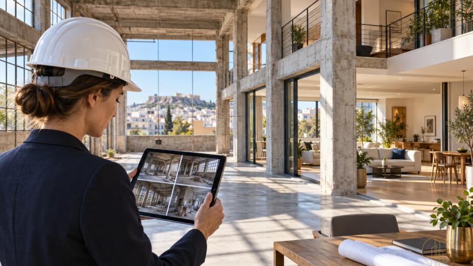 Engineer reviewing evidence for an industrial-to-residential Greece Golden Visa conversion project