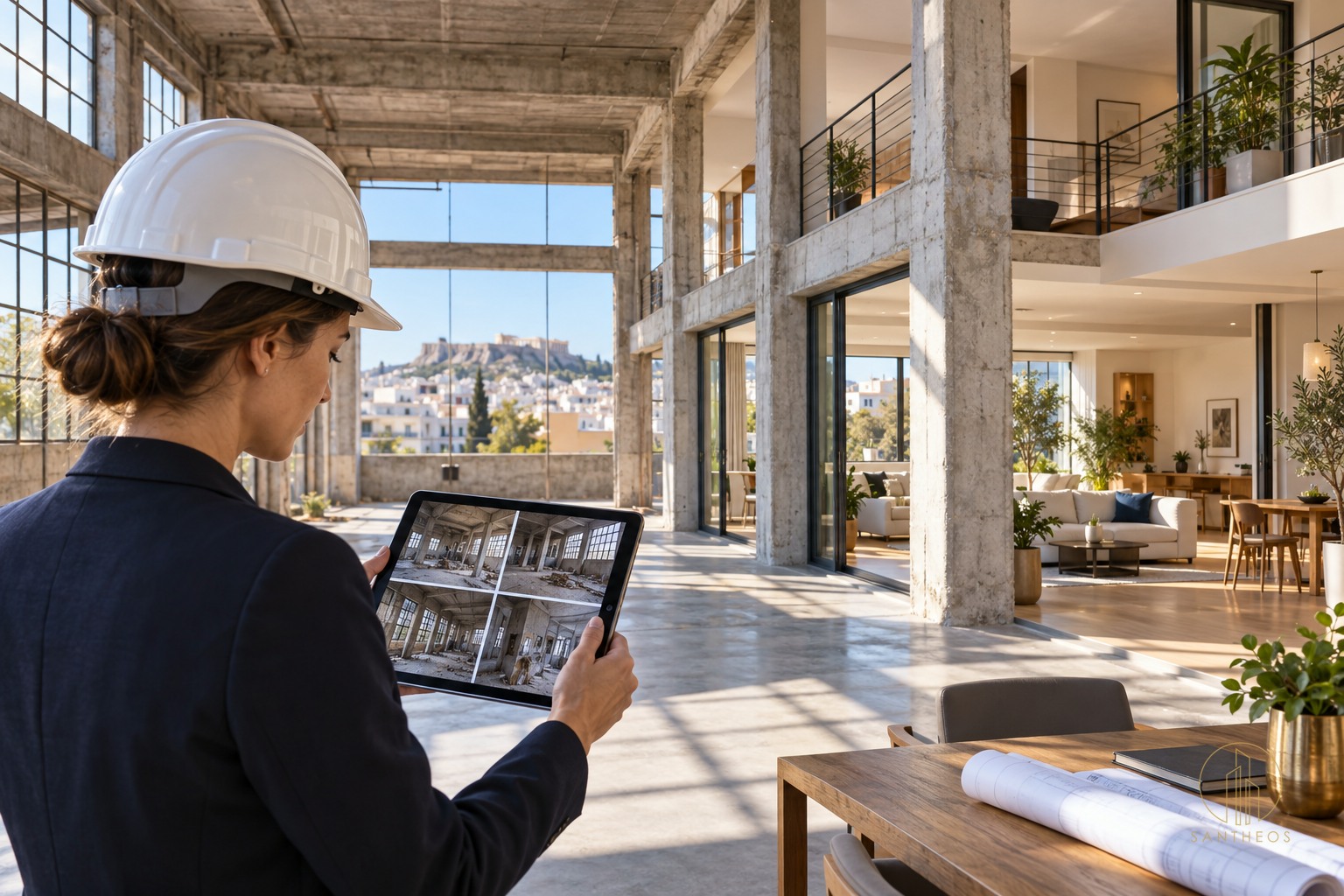 Engineer reviewing evidence for an industrial-to-residential Greece Golden Visa conversion project