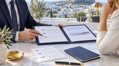 Golden Visa applicant reviewing health-insurance filing documents with an adviser in Athens