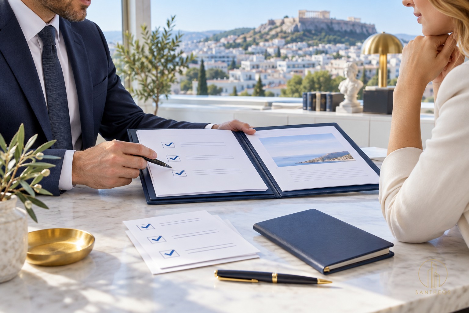 Golden Visa applicant reviewing health-insurance filing documents with an adviser in Athens