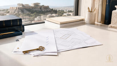 Sunlit legal-review desk with blank papers, cadastral geometry, handwritten checks and a brass key, illustrating property due diligence.