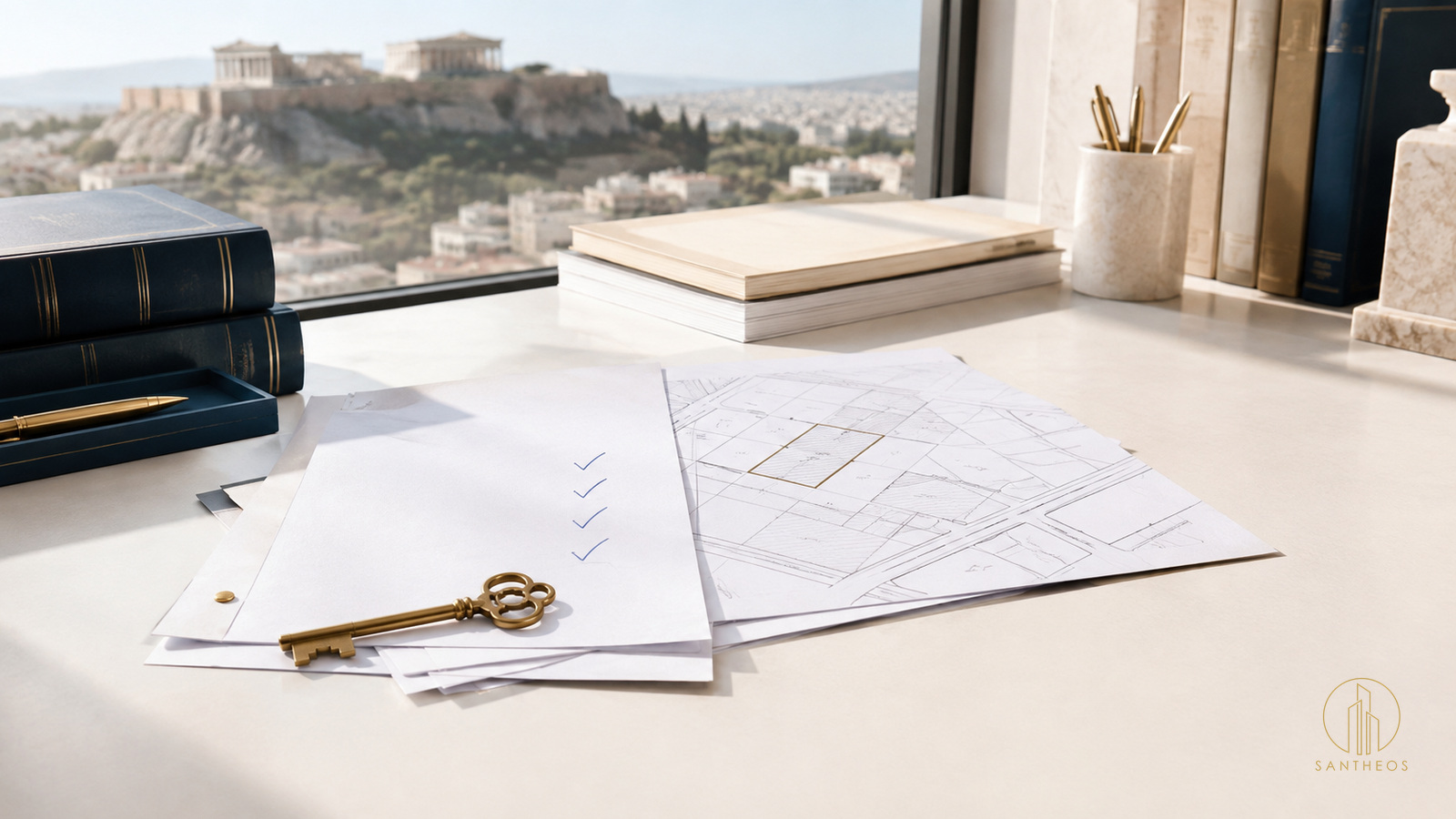 Sunlit legal-review desk with blank papers, cadastral geometry, handwritten checks and a brass key, illustrating property due diligence.