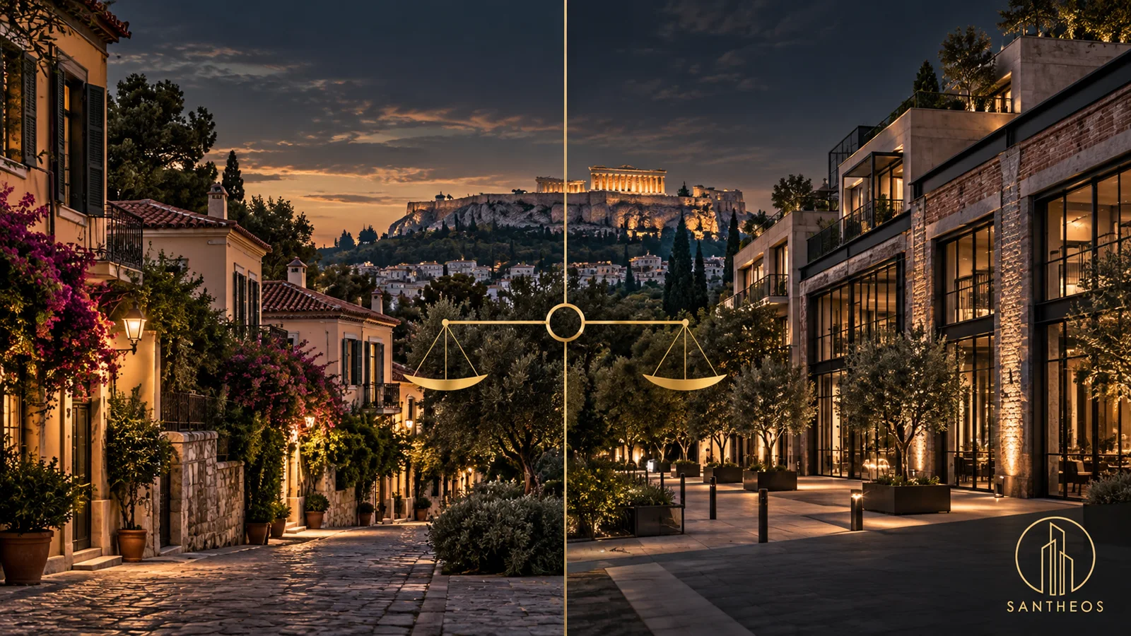 Balanced Athens neighbourhood showing preserved homes and responsibly converted commercial property