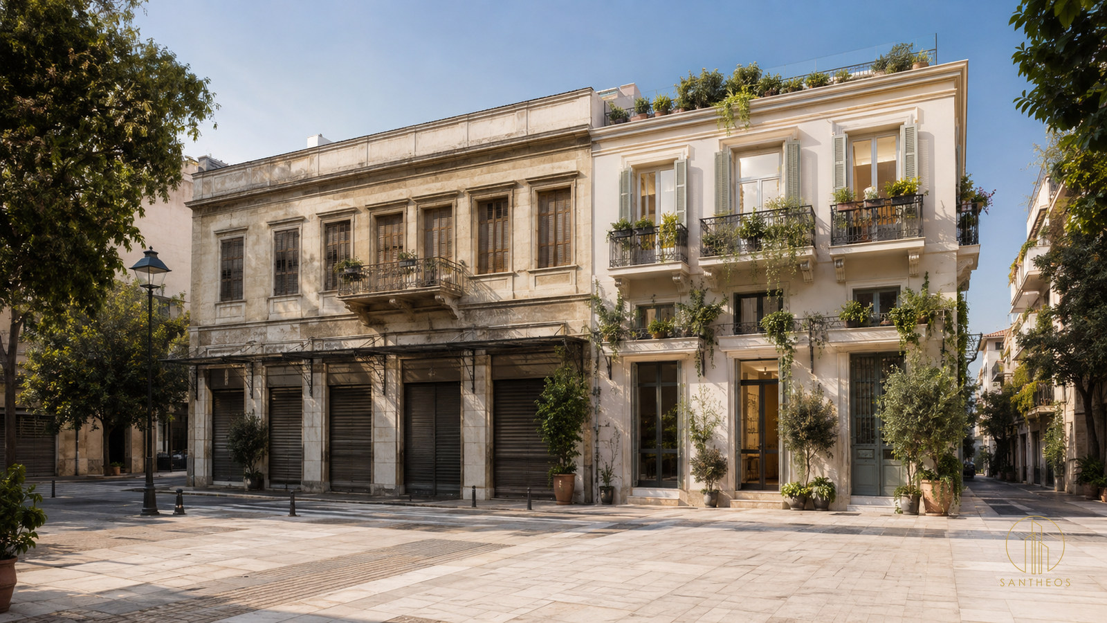 Conceptual Athens streetscape joining shuttered commercial bays and bright planted residential balconies, illustrating adaptive reuse and housing policy.