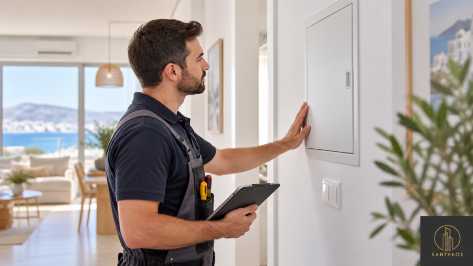 Illustration of a technician inspecting a closed utility cabinet at apartment handover.
