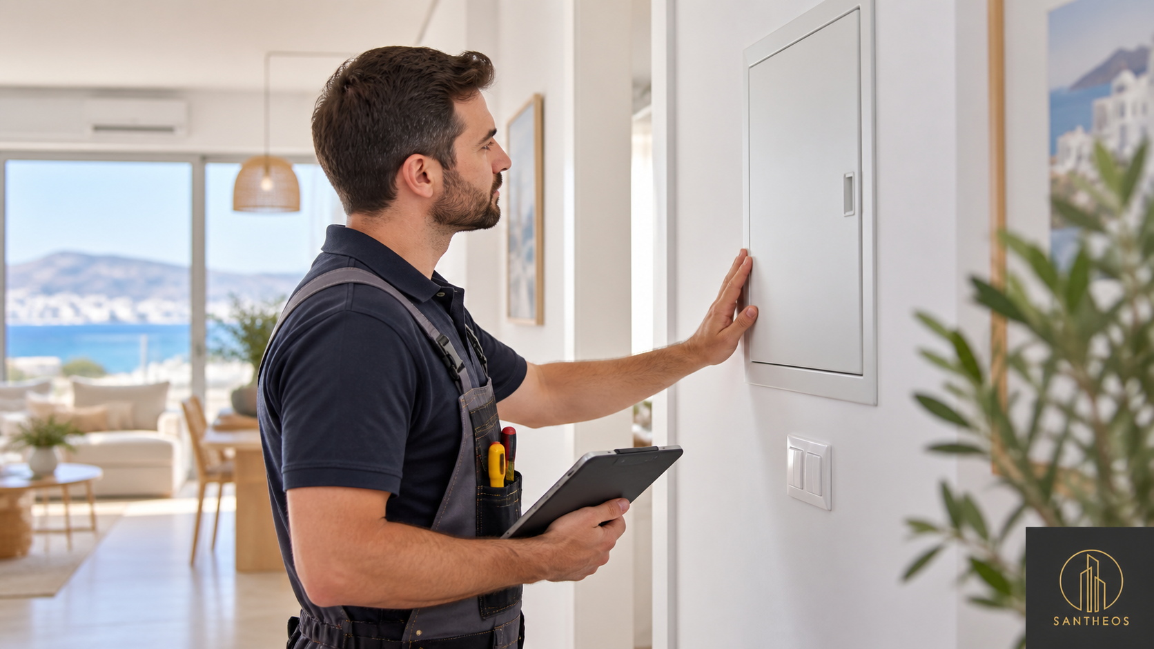 Illustration of a technician inspecting a closed utility cabinet at apartment handover.