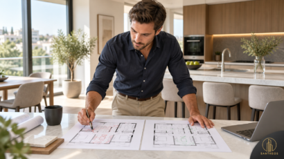 Illustration of an engineer comparing revised apartment plans with the agreed property specification.