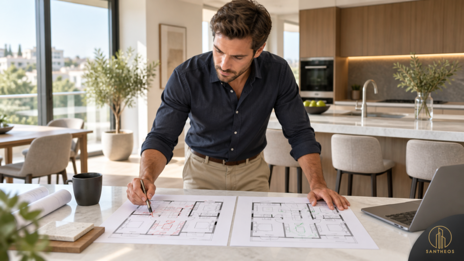 Illustration of an engineer comparing revised apartment plans with the agreed property specification.