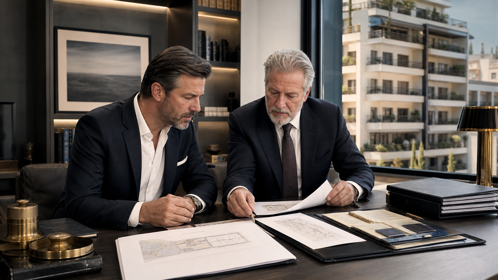 Investor and legal adviser reviewing Greece Golden Visa renewal and resale documents