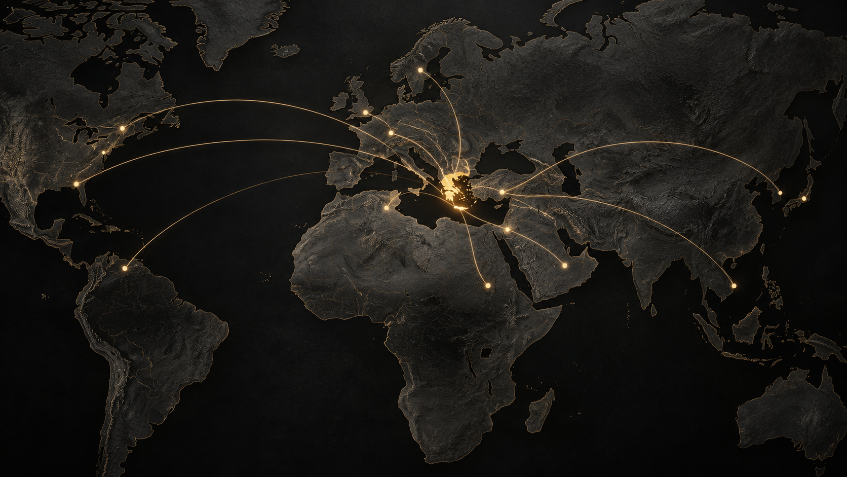 Illustrative global routes converging on Greece from Asia, the Eastern Mediterranean and North America.