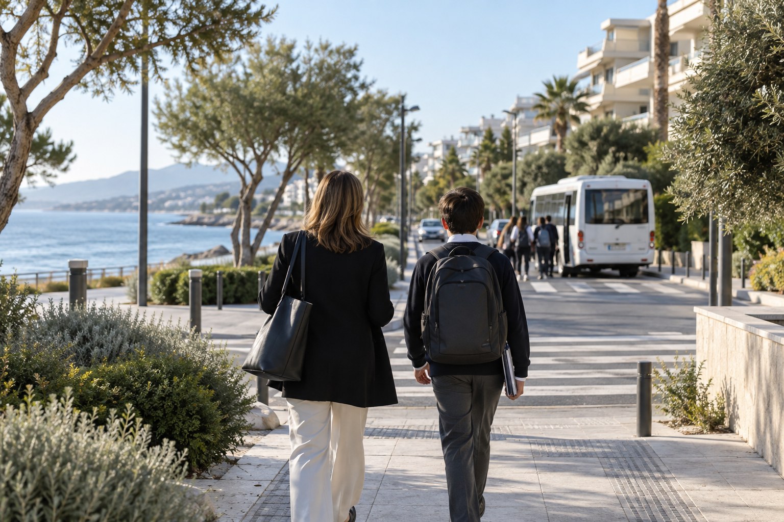 Parent and student on a morning school commute along the Athenian Riviera.