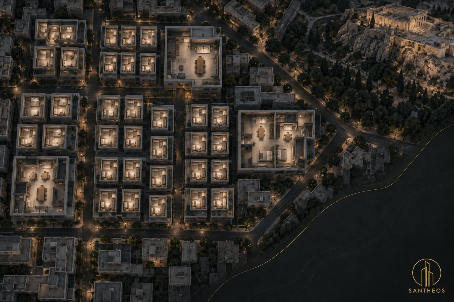 Illustrative aerial view of compact Athens homes representing demand from one-person households.