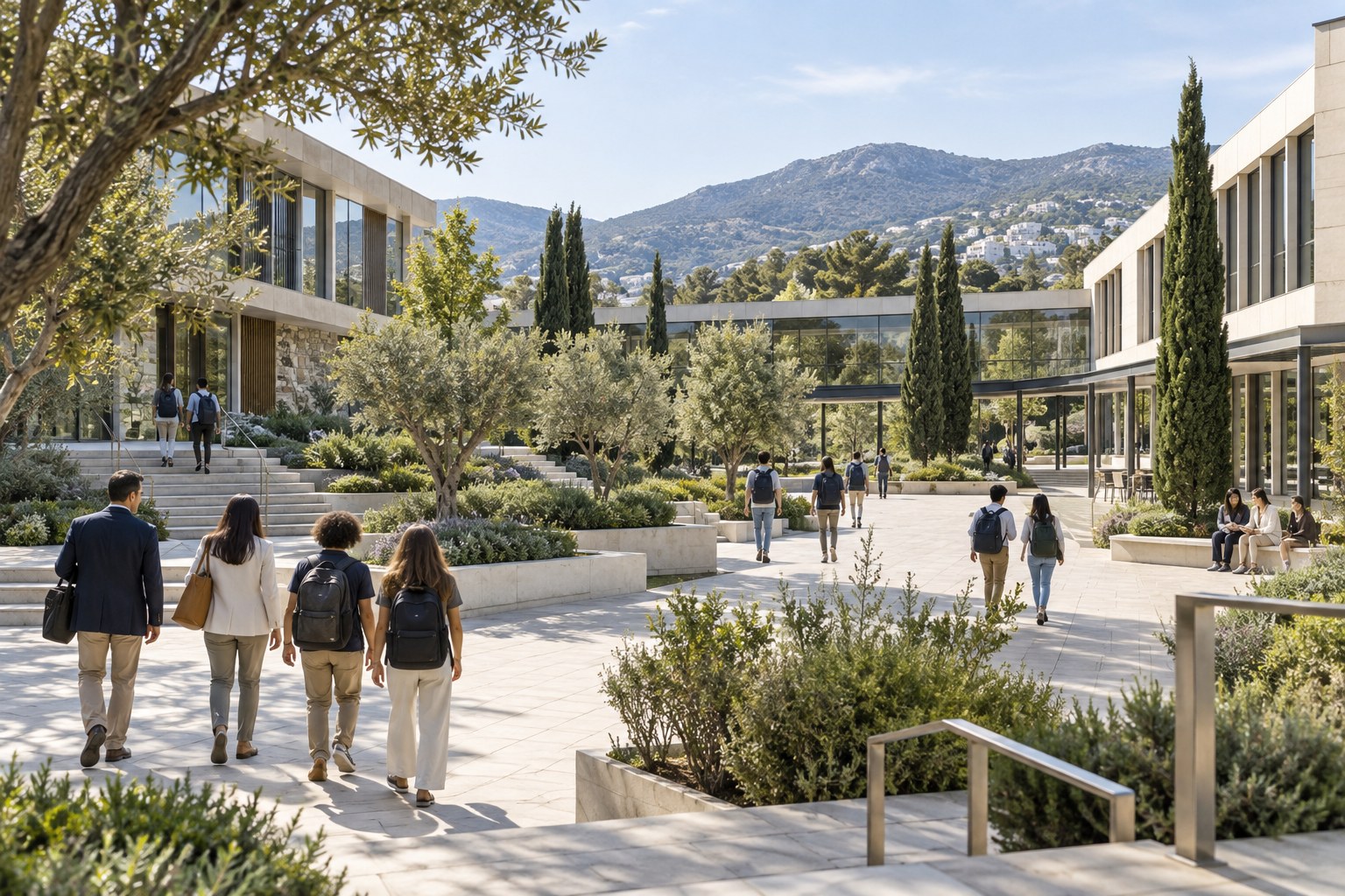 Illustrative international school campus in a leafy North Athens setting.