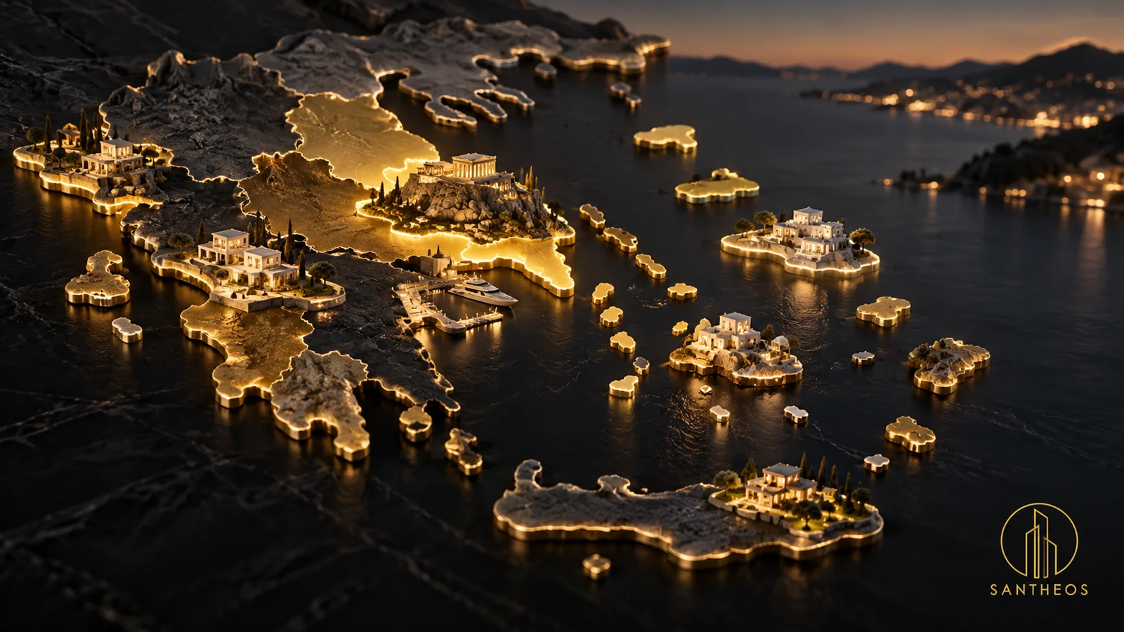 Conceptual map of Greece illustrating tiered Golden Visa property thresholds across locations