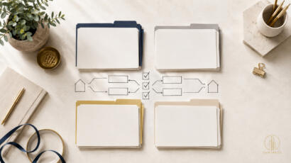 Four coordinated blank folder sets surrounding check marks and a property-file diagram, illustrating document reconciliation.