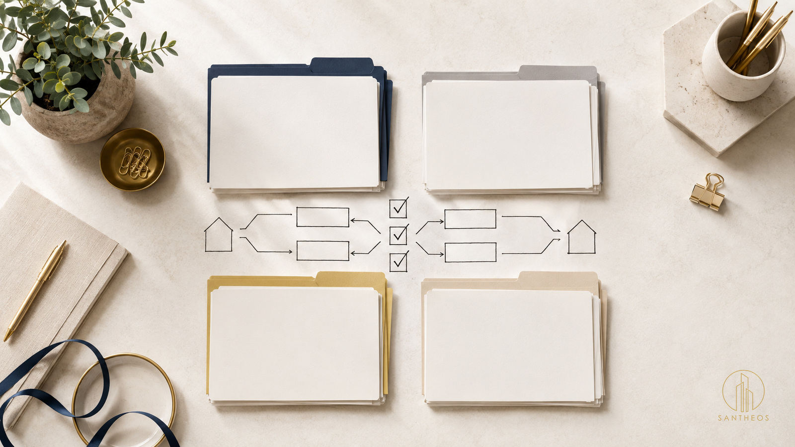 Four coordinated blank folder sets surrounding check marks and a property-file diagram, illustrating document reconciliation.