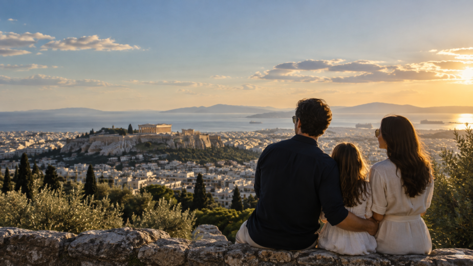 International family overlooking Athens while considering Greece as a European base.