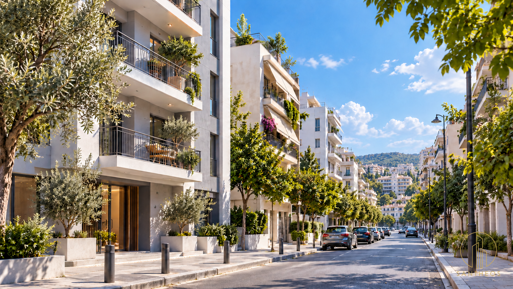 Ağaçlarla çevrili bir şehir sokağındaki apartmanların kavramsal görseli.