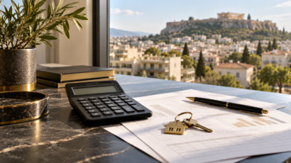 Illustrative desk scene with a calculator, financial worksheets and house keys, overlooking Athens.