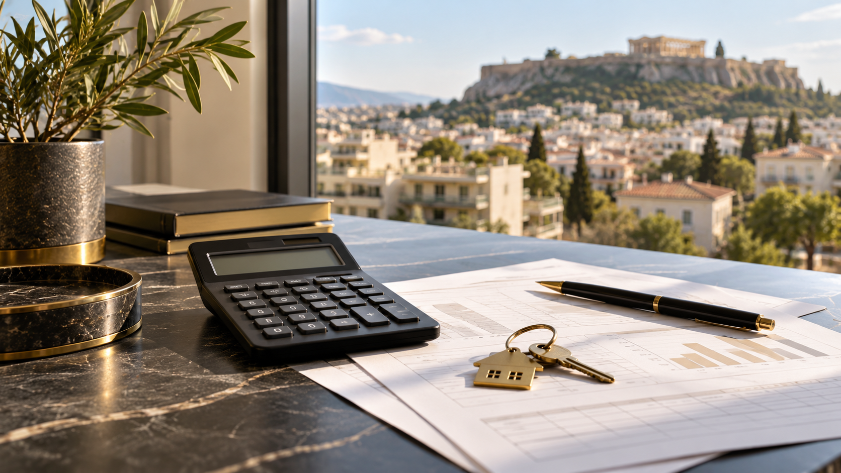 Illustrative desk scene with a calculator, financial worksheets and house keys, overlooking Athens.
