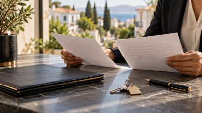 Illustrative scene of hands comparing property documents beside a dark folder, pen and house keys.