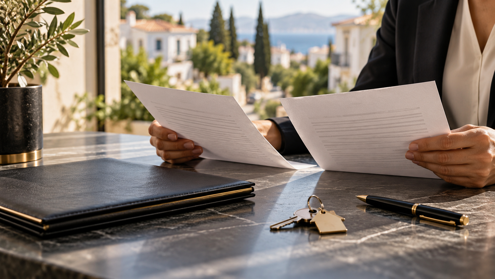 Illustrative scene of hands comparing property documents beside a dark folder, pen and house keys.