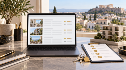 Illustrative property-management workspace with a laptop report, maintenance checklist, keys and an apartment model.