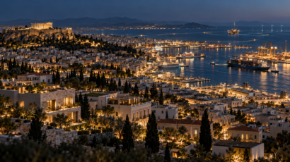 Conceptual illustration of Athens, Piraeus harbour and the infrastructure supporting Greece’s economic development.