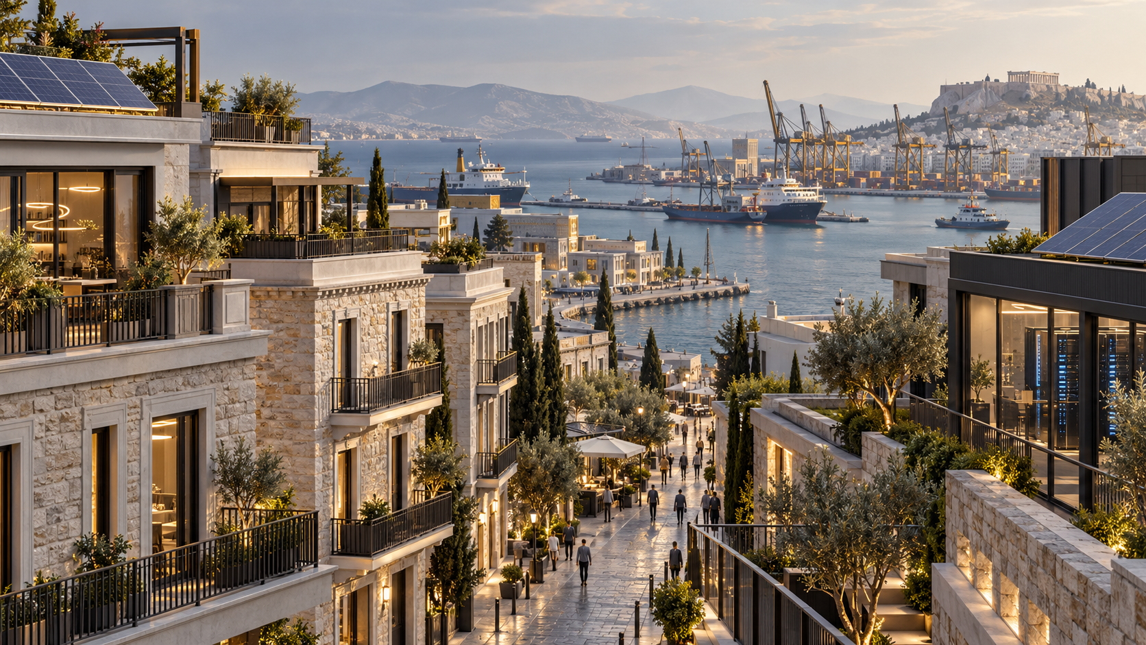 Conceptual illustration of urban renewal, shipping, renewable energy and digital infrastructure in Greece.